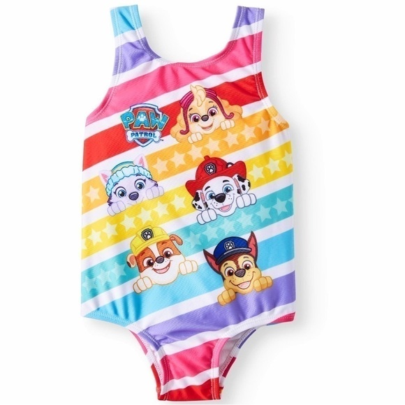 NWT Paw Patrol One Piece Swimsuit Toddler Girls Nickelodeon Stripes Bow Size 2T - Picture 1 of 10